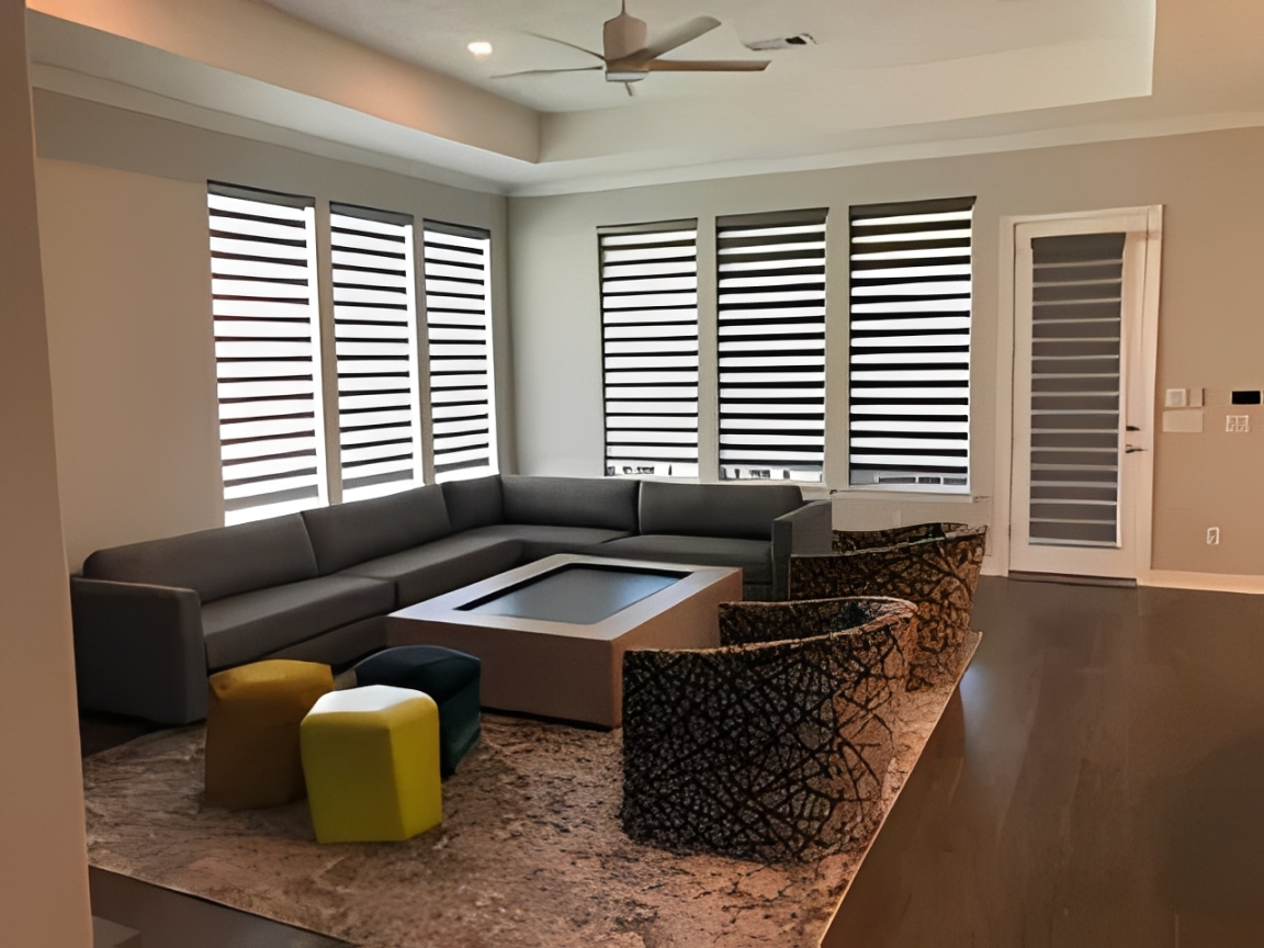 Modern living room with striped blinds