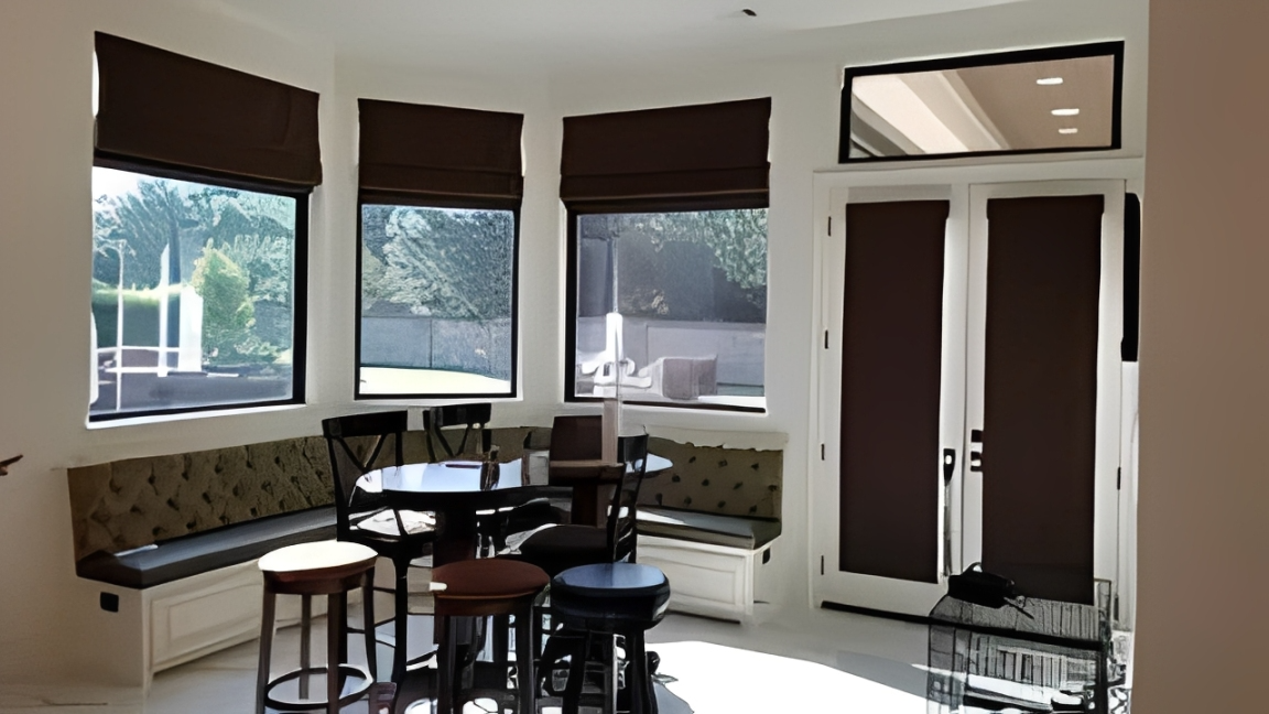 Modern dining area with large windows