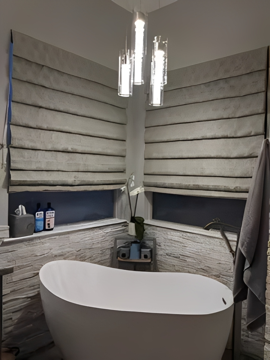 Modern bathroom with freestanding tub and blinds
