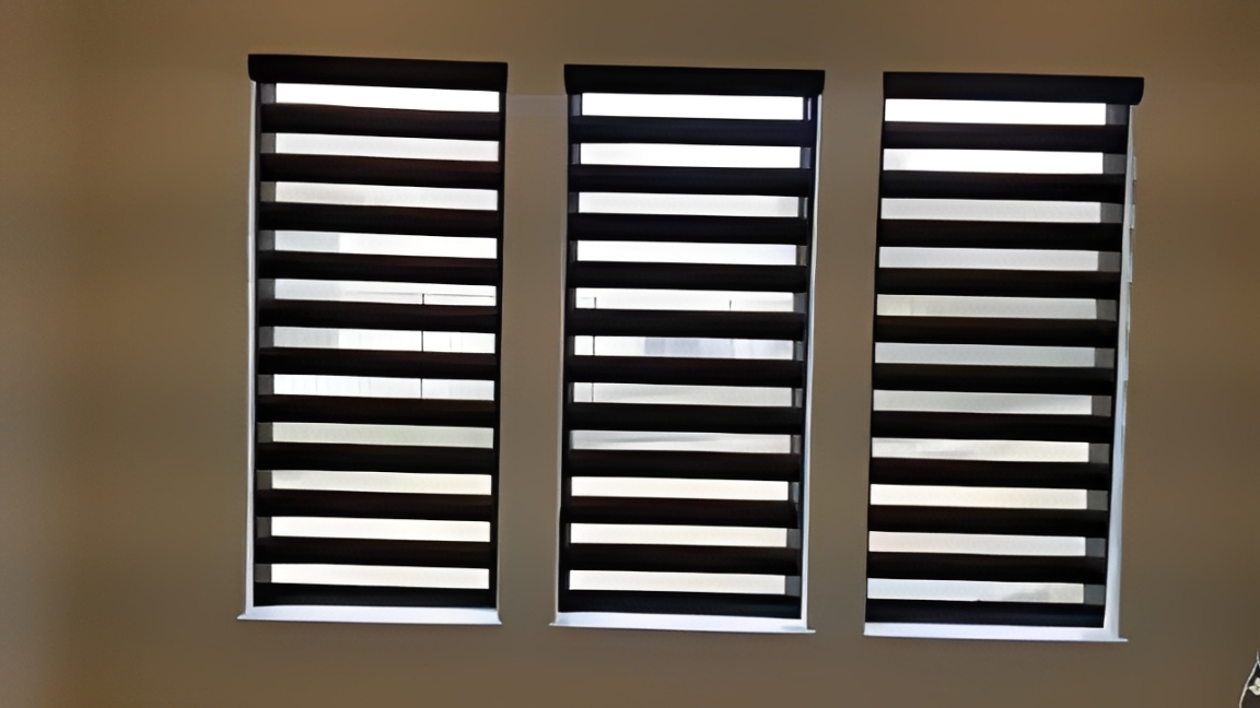 Horizontal striped blinds on windows