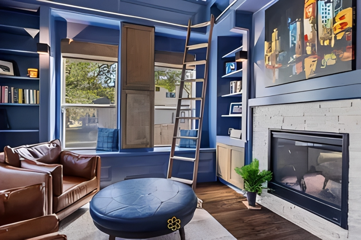 Cozy reading nook with leather chairs
