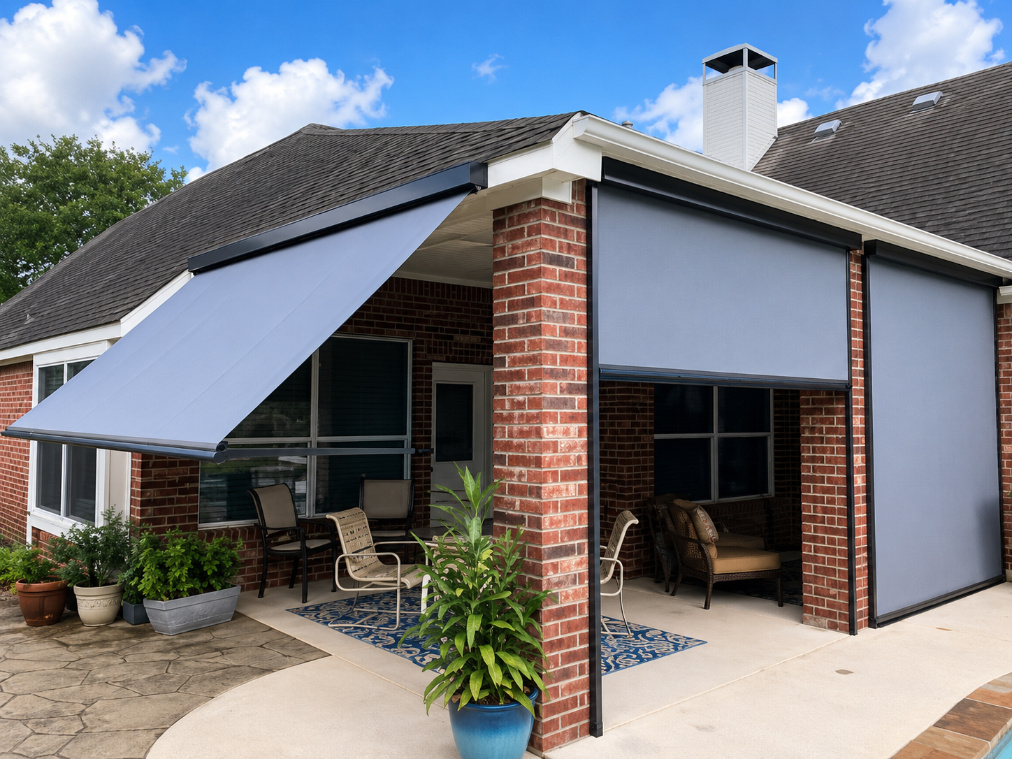 Outdoor seating area under blue awnings.