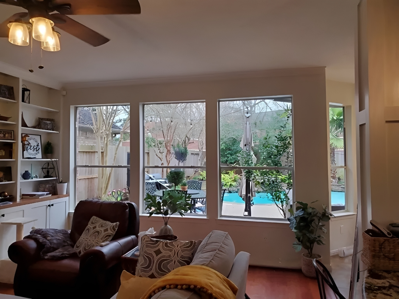 Cozy living room with pool view