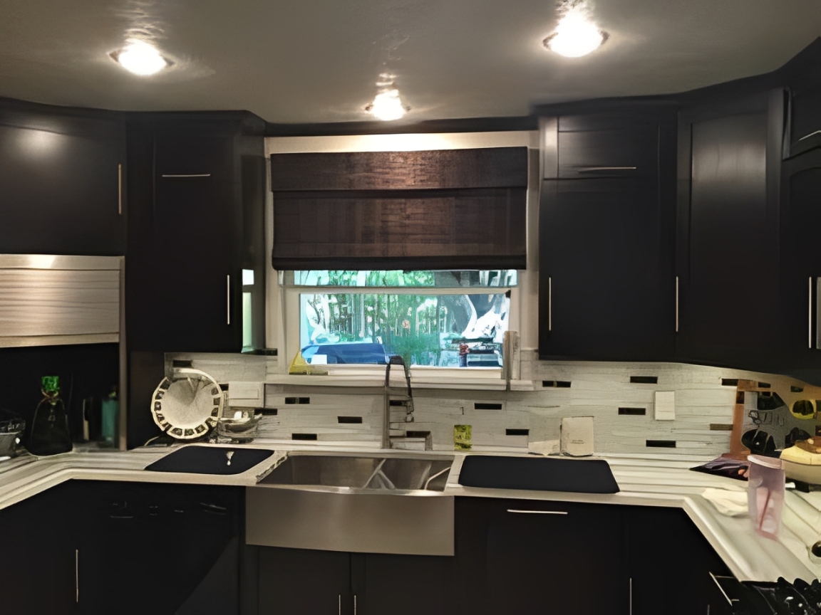Stainless steel sink under window