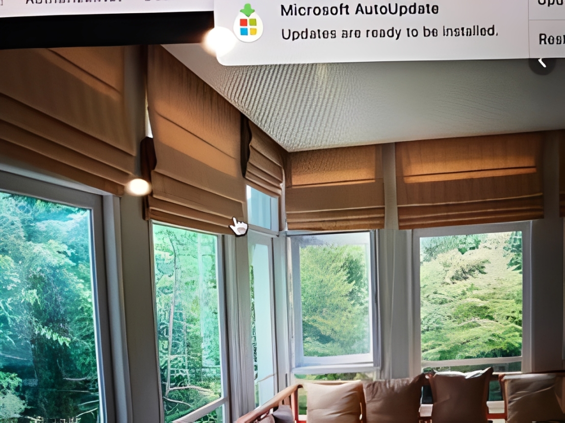 Interior with brown blinds and green scenery