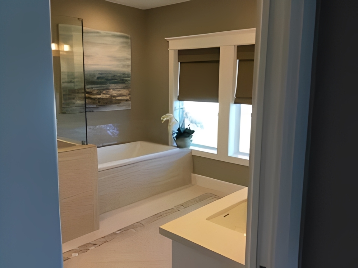 Contemporary bathroom featuring large windows